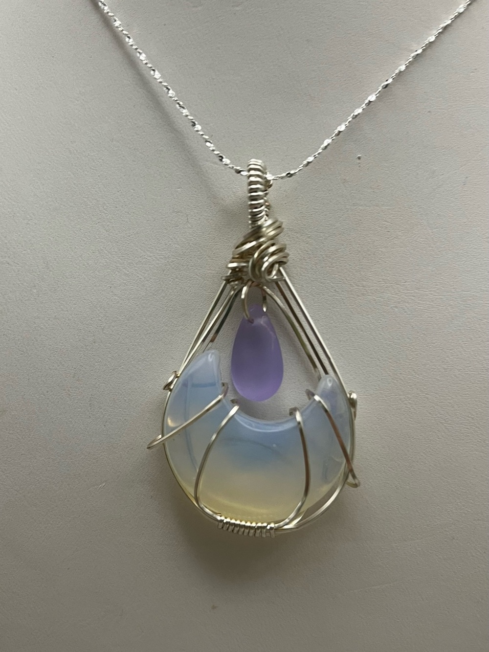 Handmade 925 Sterling Silver Wire Wrapped Opalite Crescent Moon & Lavender